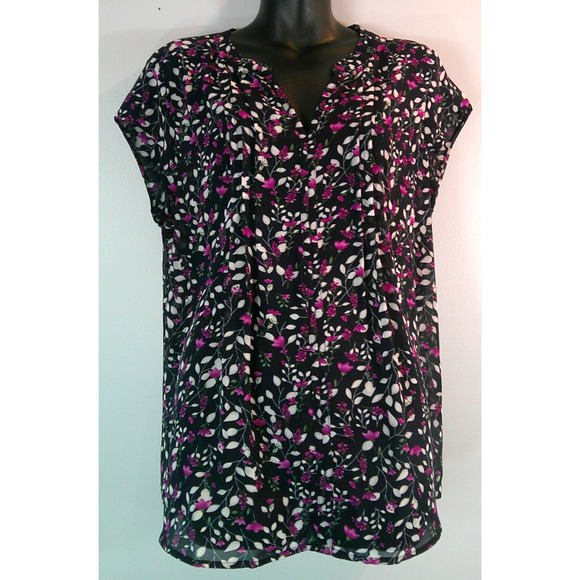 fun2fun Women's XXL Short Sleeve Navy Floral Blouse V-Neck pleated front - Picture 1 of 7